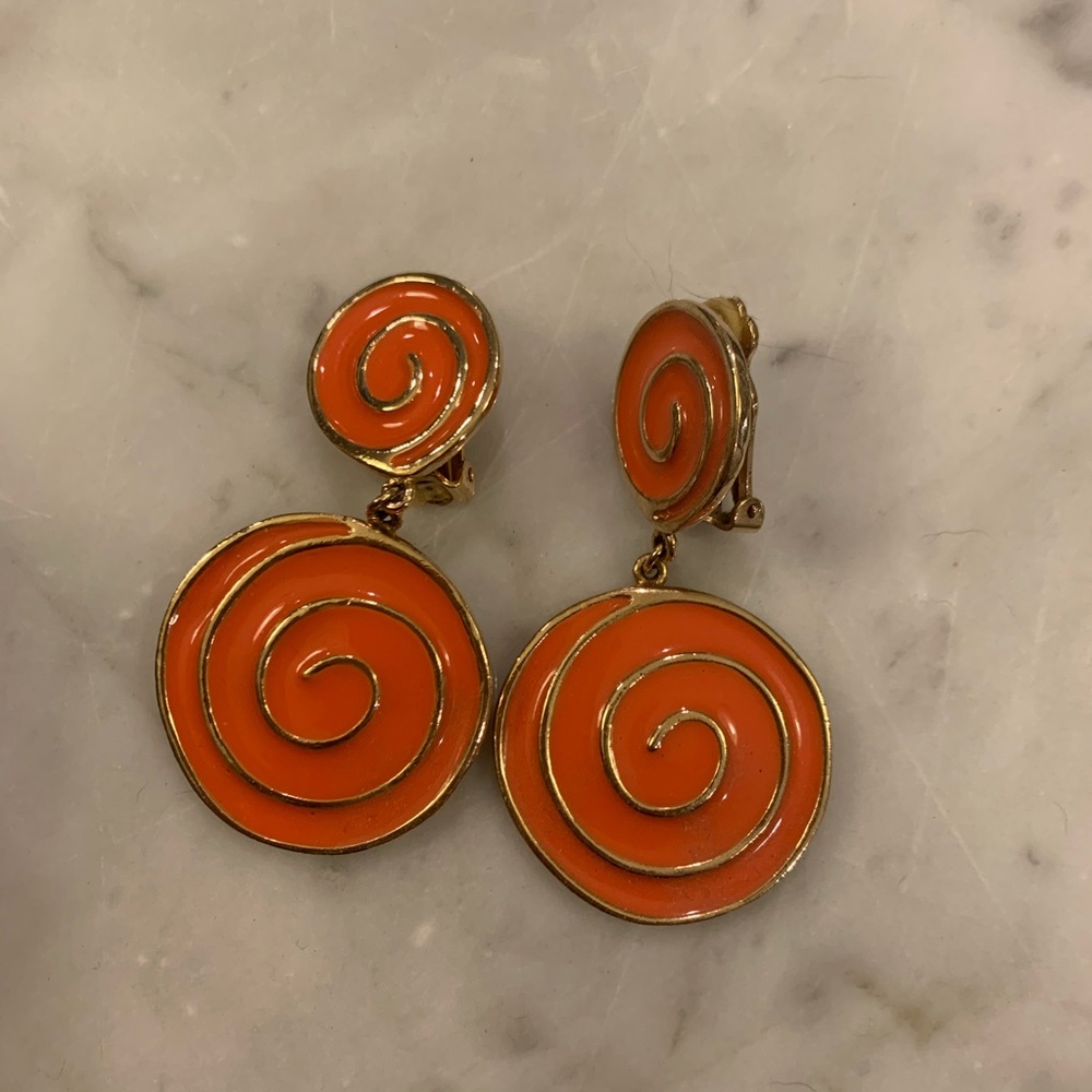 Vintage Orange and Gold Dangle Clip On Earrings
